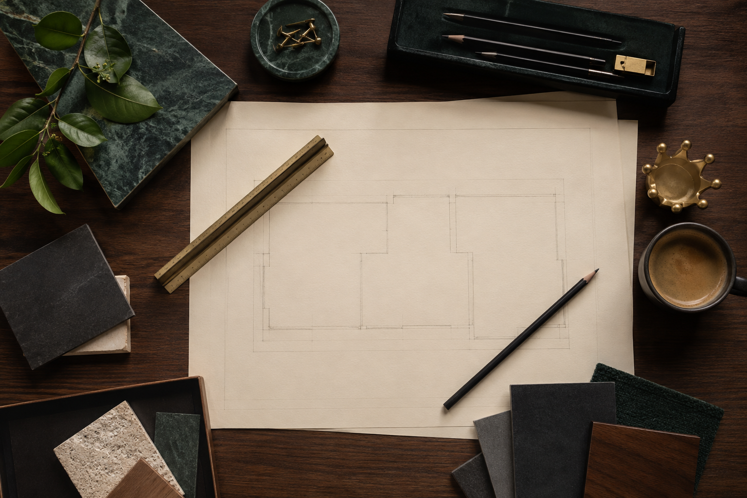 Architectural planning materials on a refined walnut desk
