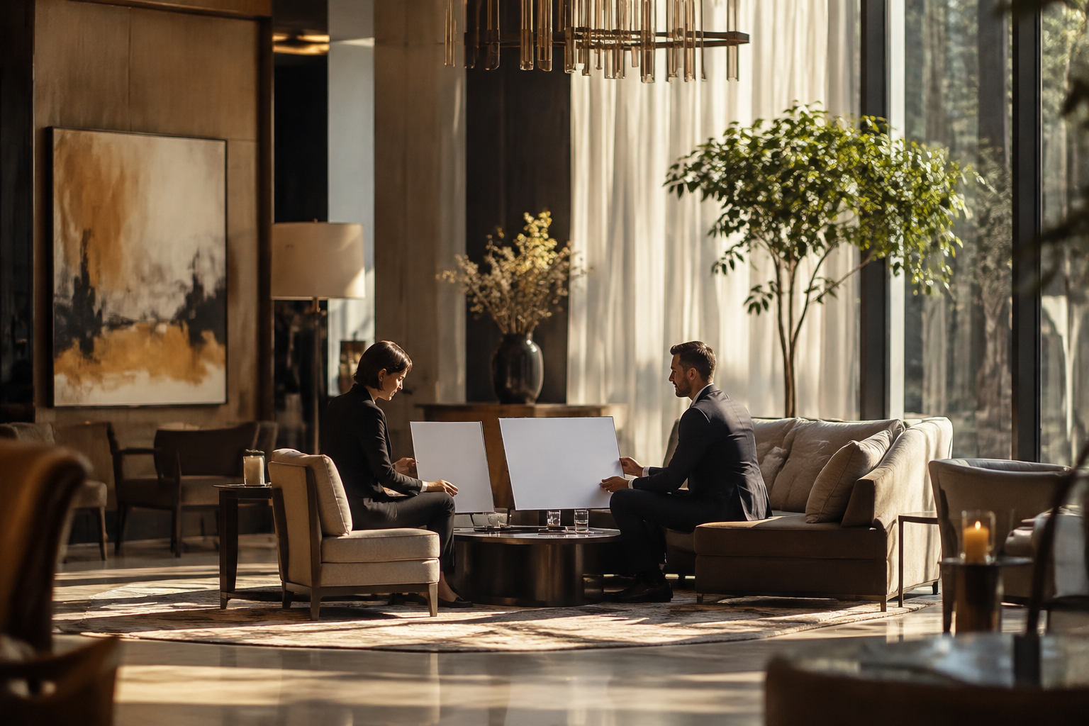 Professionals meeting in an elegant modern lounge